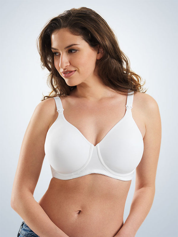 Front view of molded seamless underwire nursing bra in white