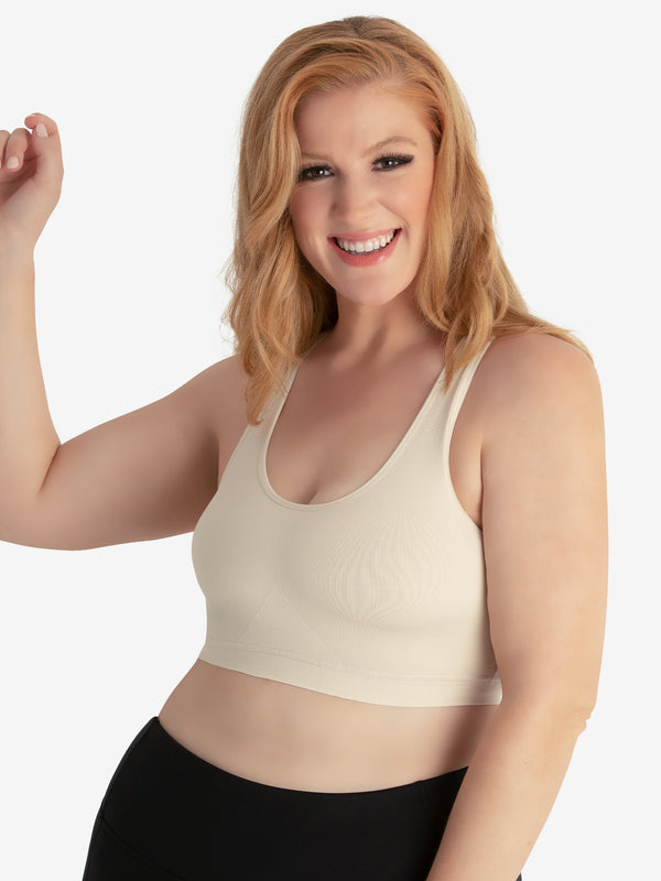 Front view of comfort support sports bra in whisper nude