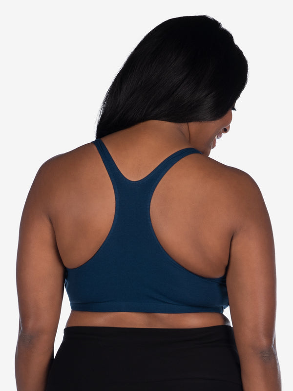 Back view of cotton wirefree sports bra in navy