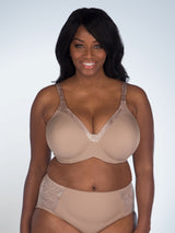 Side view of wirefree t-shirt bra in warm taupe