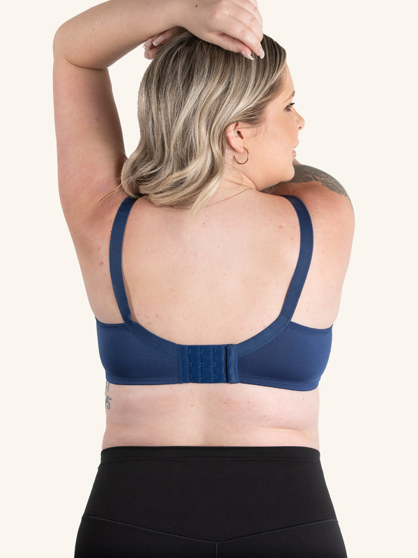 Back view of wirefree t-shirt nursing bra in sapphire