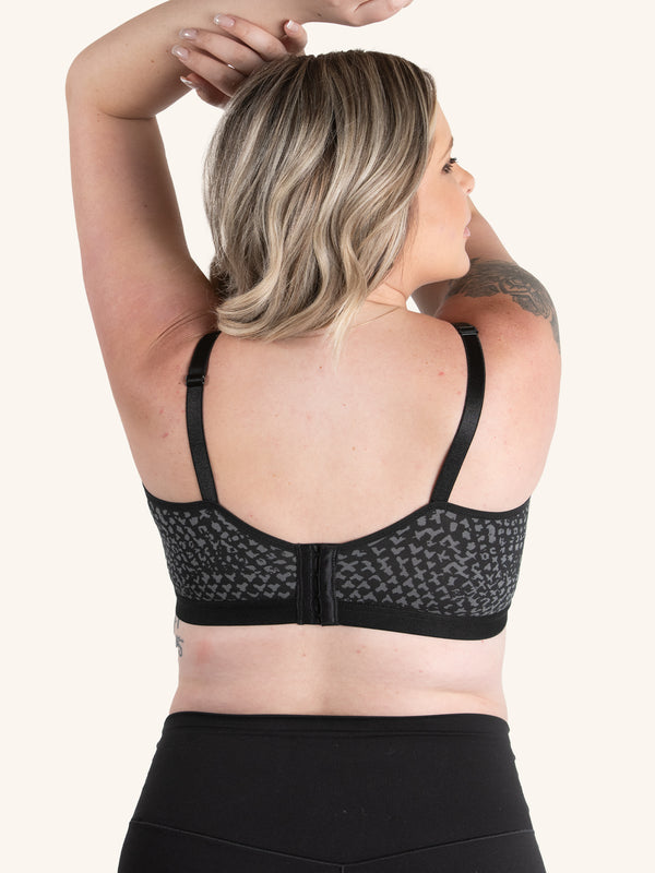 Front view of front comfort nursing bra in black and dark grey print