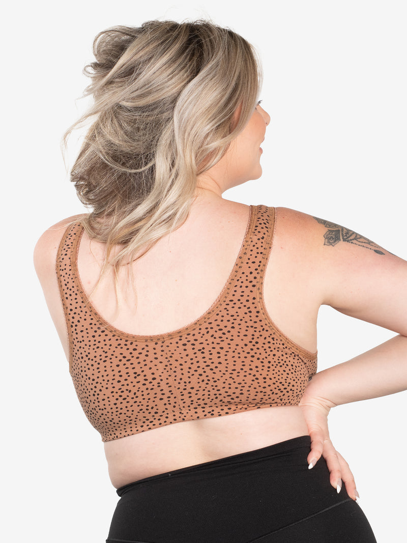 Back view of cotton front-closure wirefree comfort bra in mocha leo dot
