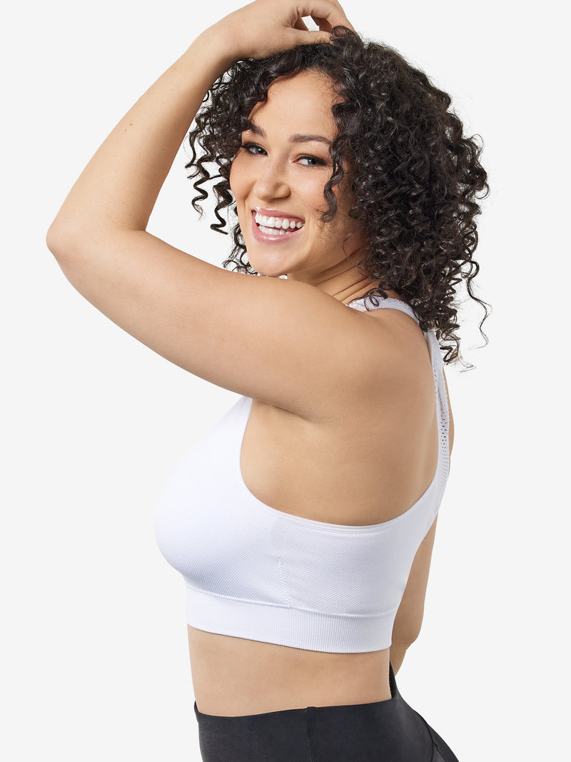 Side view of cooling racerback sports bra in white