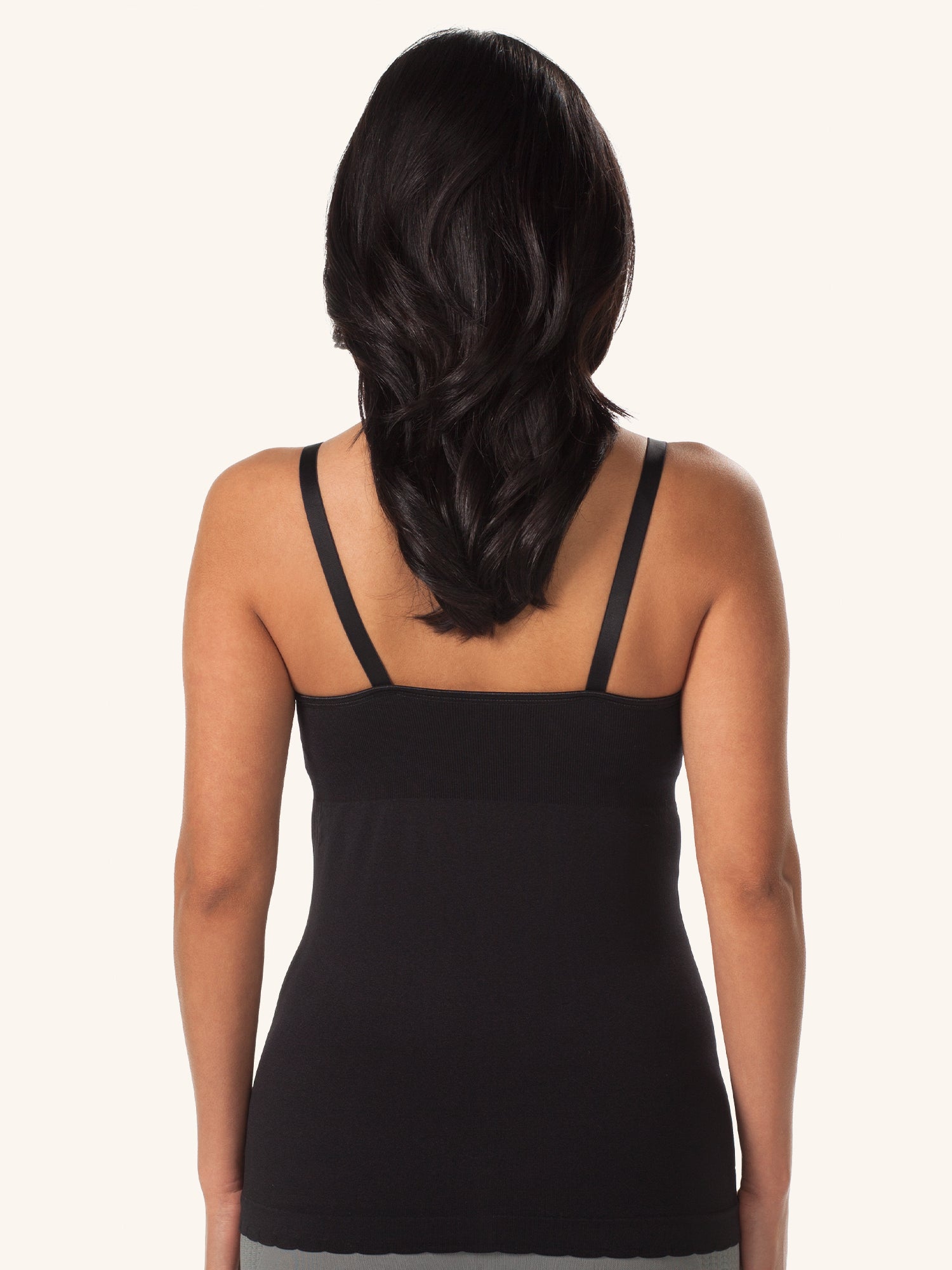 Front view of maternity to nursing seamless cotton tank in jet black