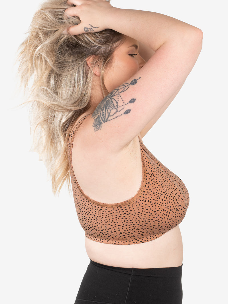 Side view of cotton front-closure wirefree comfort bra in mocha leo dot