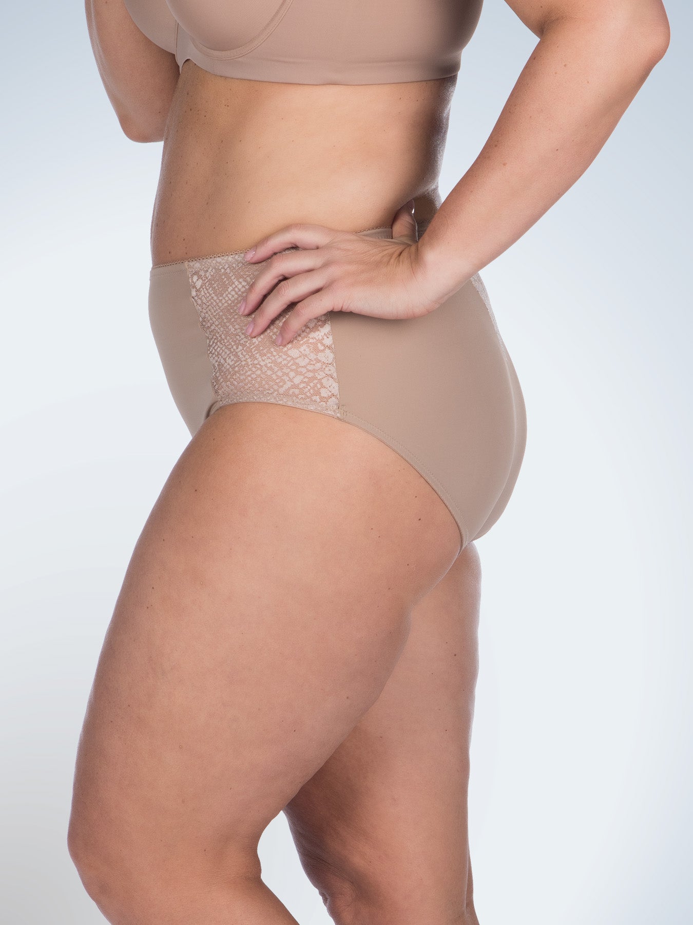 Side view of comfort fresh cooling panties in warm taupe