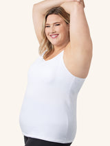 Side view of maternity and nursing tank with built-in nursing bra in white