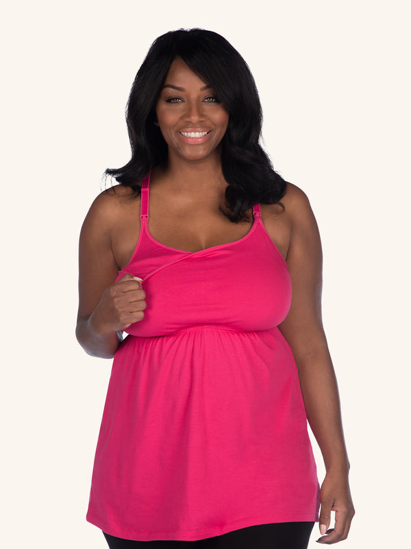 Front view of lace back maternity and nursing tank in azalea