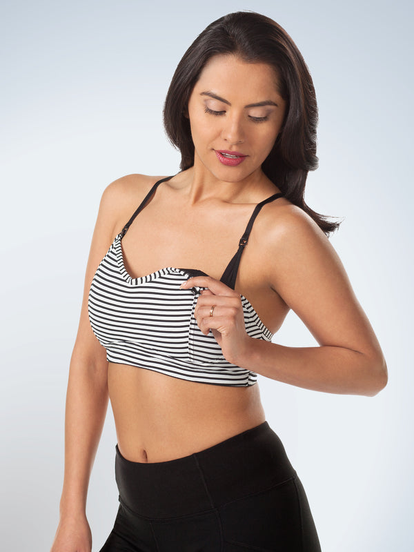 Front view of loving moments nursing sports bra in black and white stripe