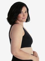Side view of front-closure seamless comfort bra in black onyx