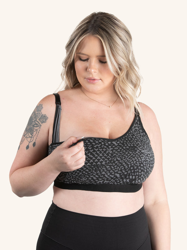 Front view of front comfort nursing bra in black and dark grey print