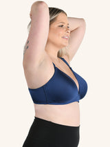 Side view of wirefree t-shirt nursing bra in sapphire