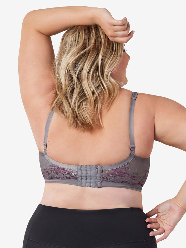 Back view of lace underwire t-shirt bra in storm front grey