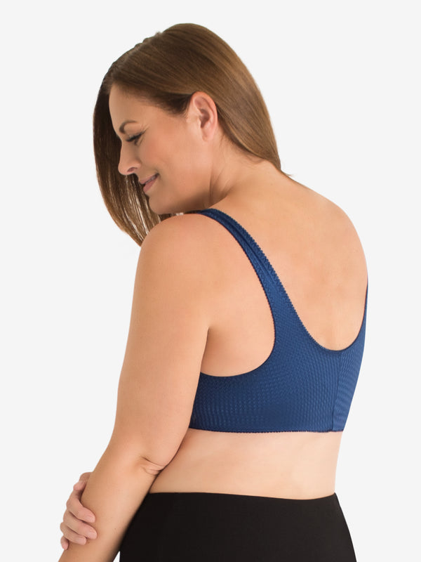 Back view of zig-zag weave front-closure comfort bra in sapphire