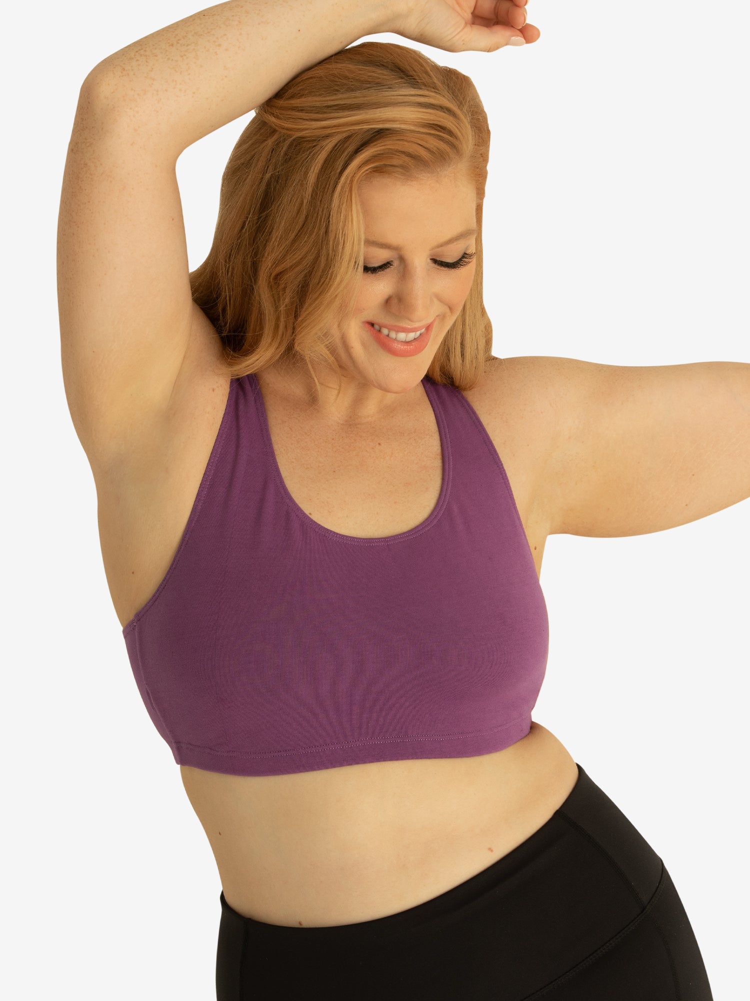 Front view of cotton wirefree sports bra in amethyst plum