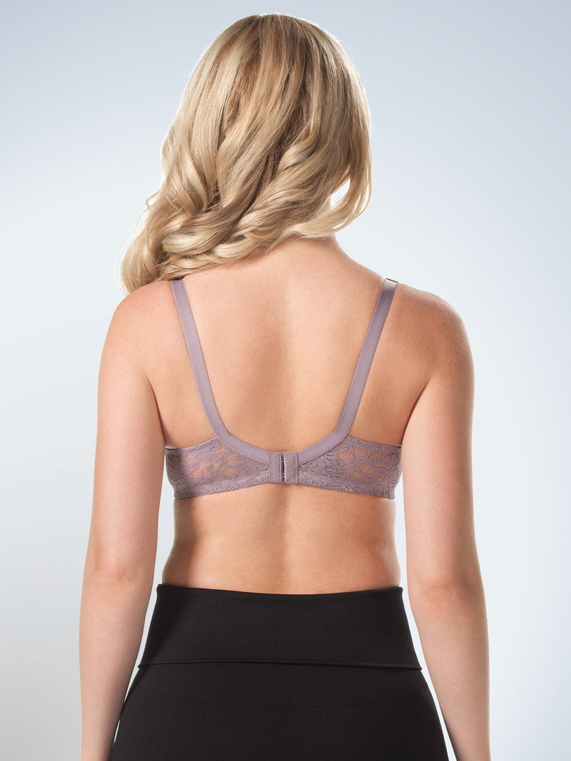 Back view of loving moments underwire lace nursing bra in baked blush tone quail