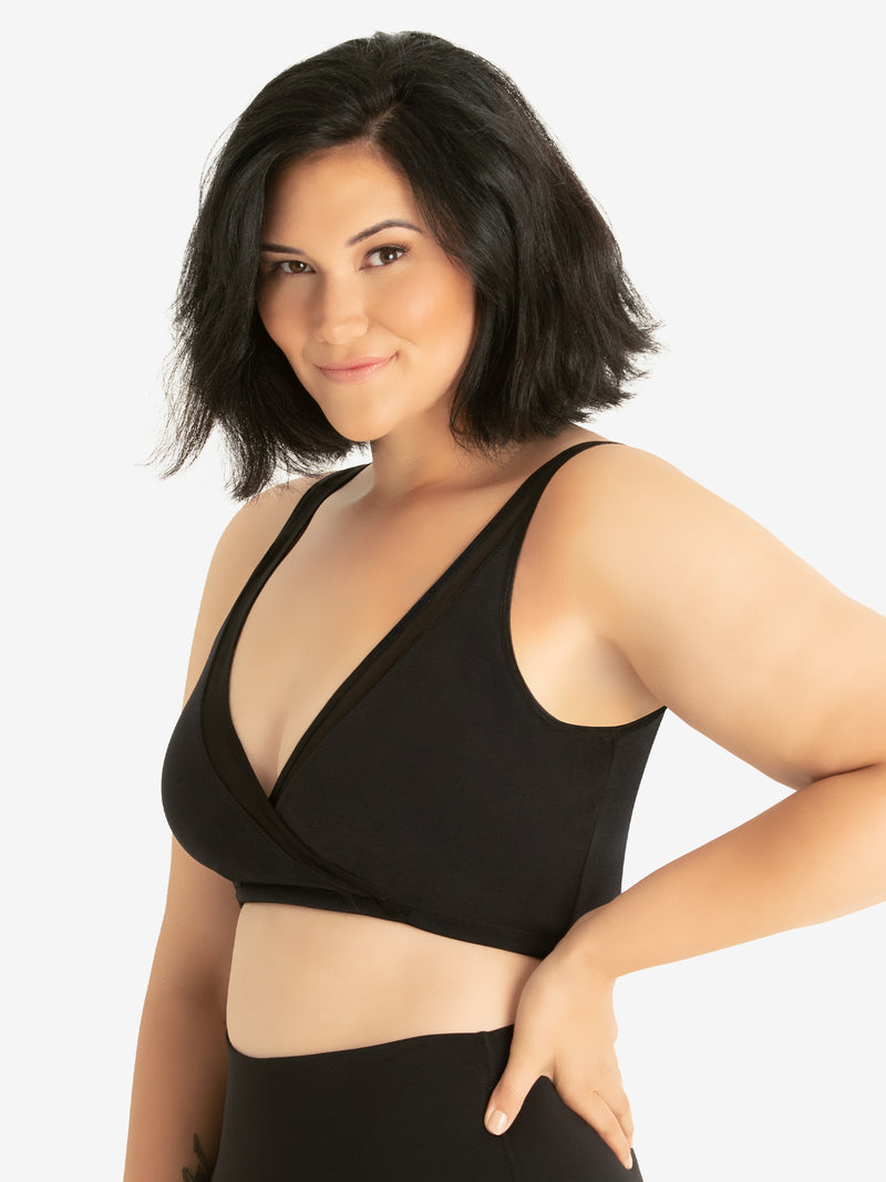 Side view of seamless crossover comfort bra in black onyx