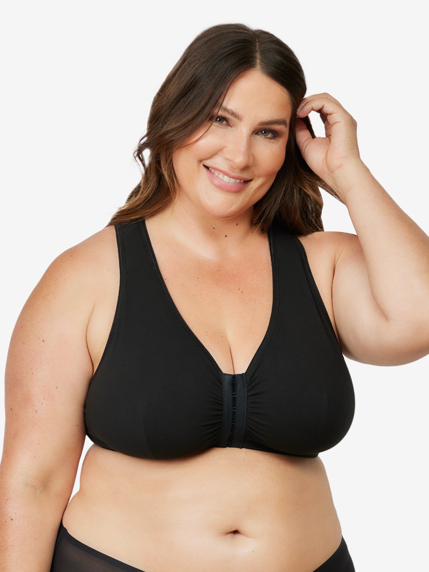 Front view of cotton front-closure lace racerback bra in black