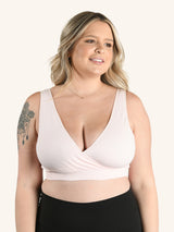 Front view of nylon seamless sleep bra in blush