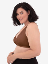 Side view of cotton front-closure wirefree comfort bra in mocha nude