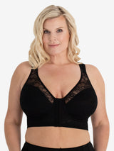 Front view of lace covered wirefree posture bra in black