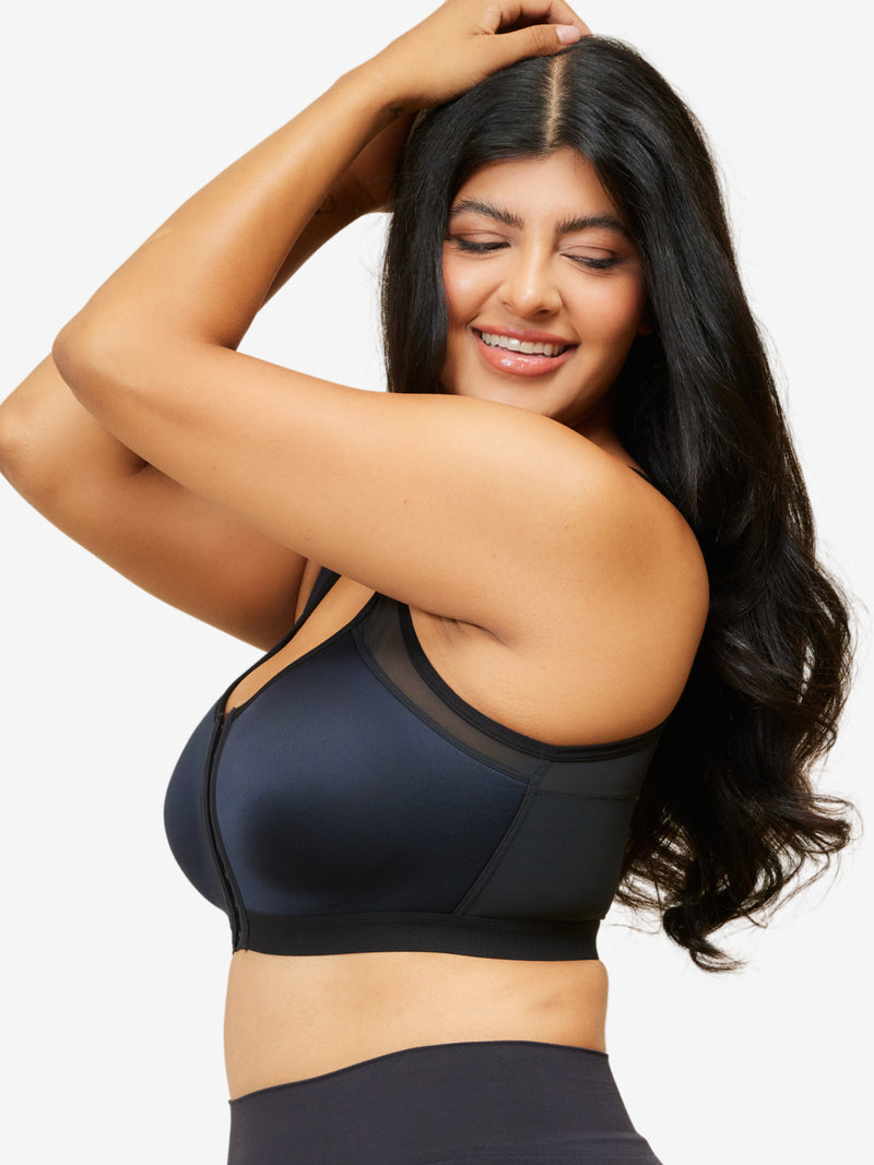 Side view of posture support smoothing front-closure bra in black