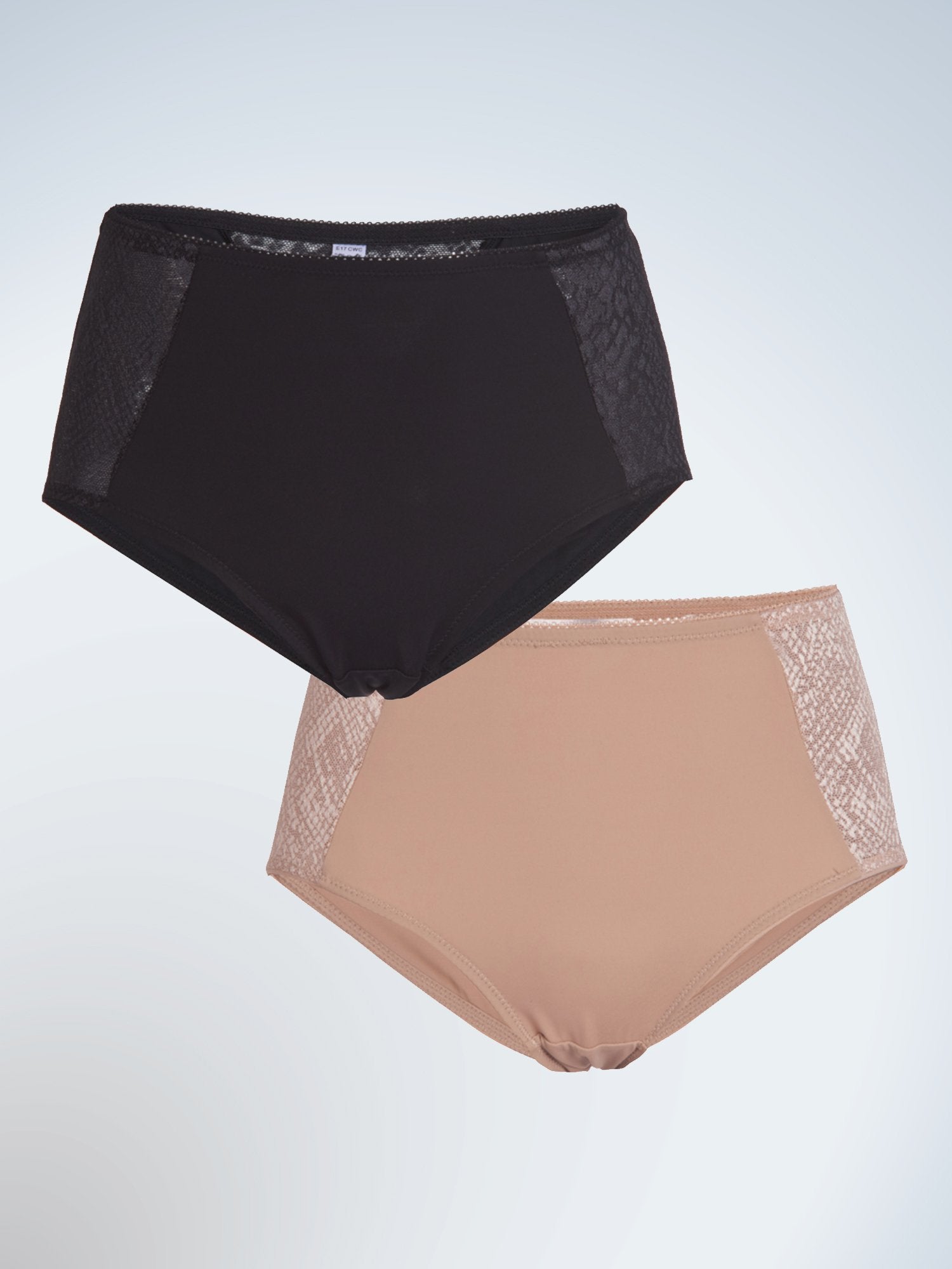Front view of two pack body panty briefs in black and warm taupe