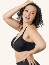 Close up view of wirefree nursing and hands free pump bra in black
