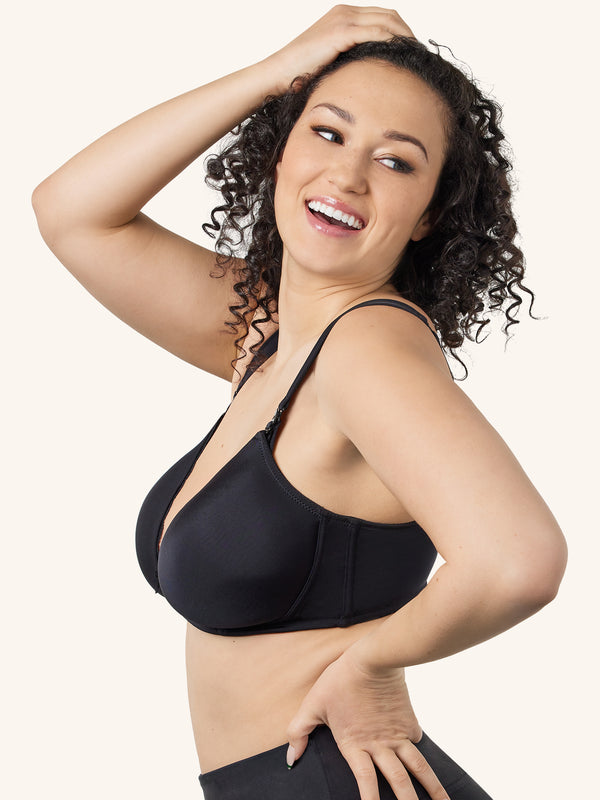 Close up view of wirefree nursing and hands free pump bra in black