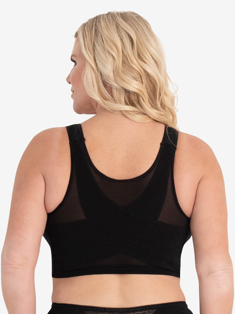 Side view of lace covered wirefree posture bra in black
