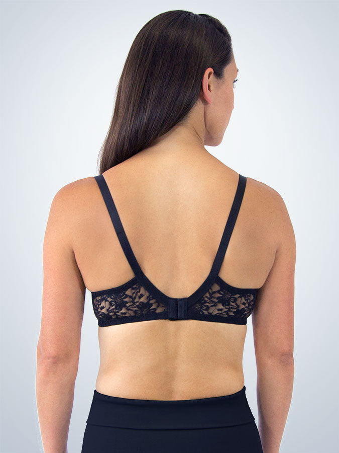 Back view of loving moments underwire lace nursing bra in black lace over blush