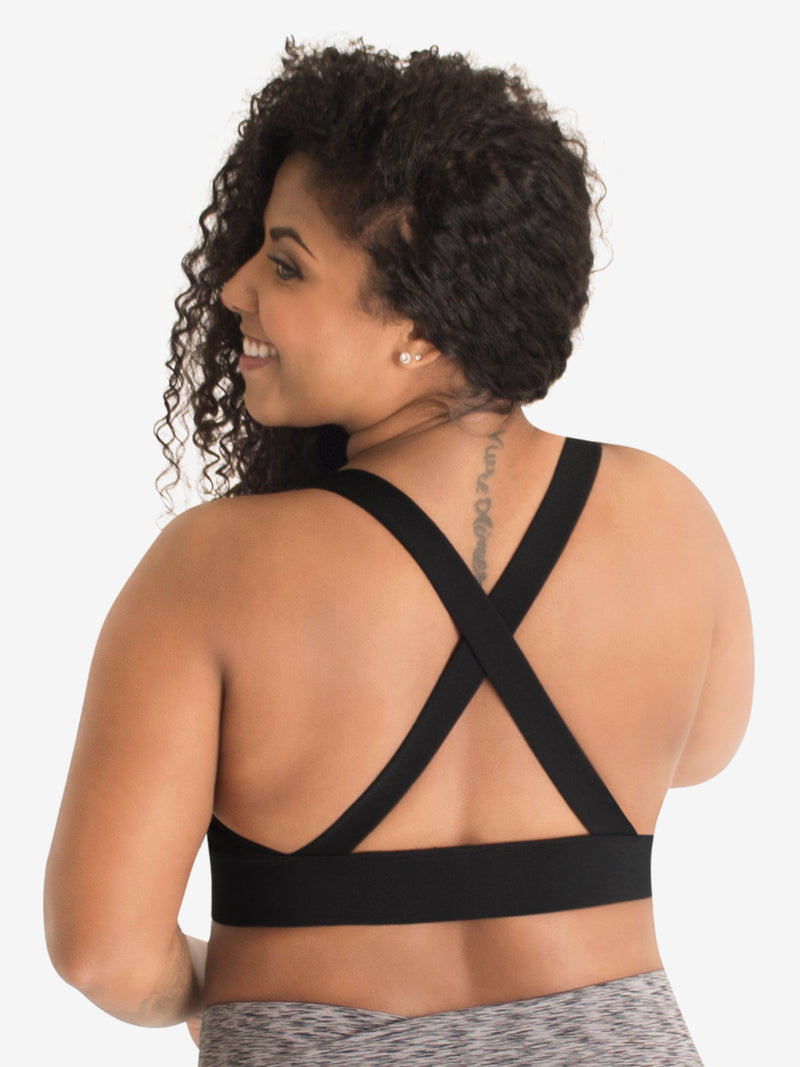 Back view of front-closure wirefree bralette in black