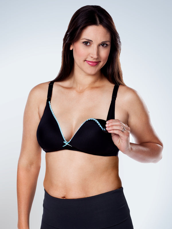 Front view of loving moments wirefree t-shirt nursing bra in black