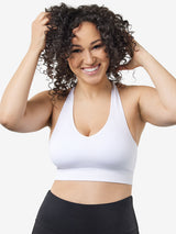 Front view of cooling racerback sports bra in white