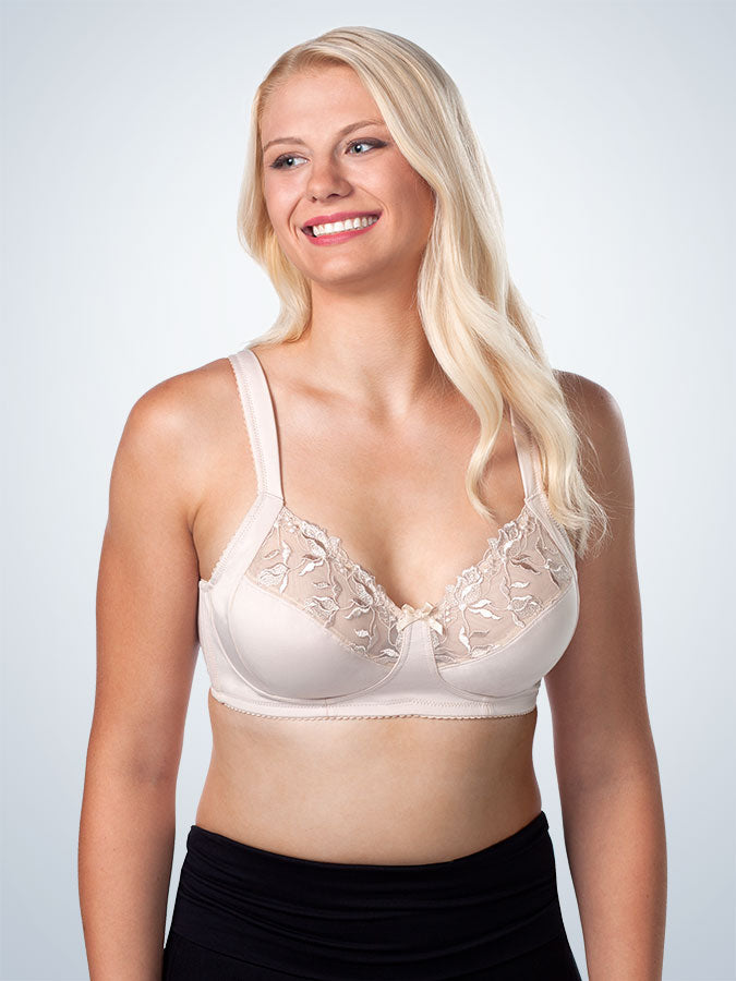 Front view of lace half-cup wirefree bra in naturally nude