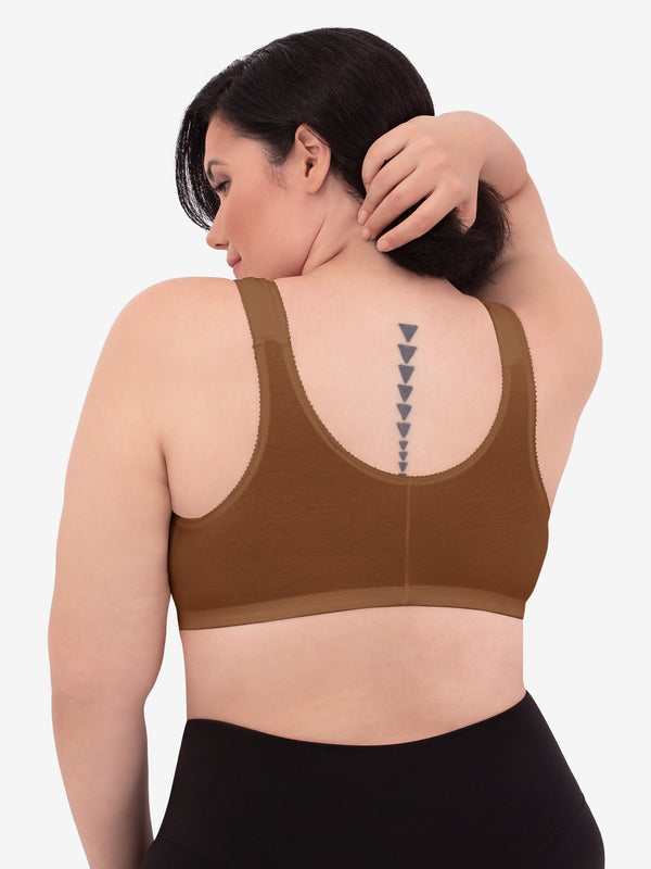 Back view of cotton front-closure wirefree comfort bra in mocha nude