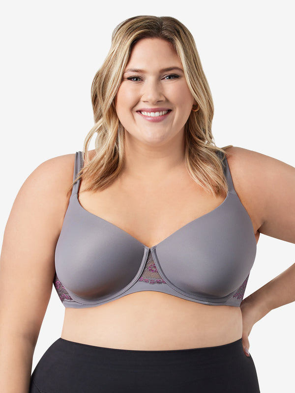 Front view of lace underwire t-shirt bra in storm front grey