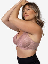 Side view of scalloped lace underwire bra in rose mauve