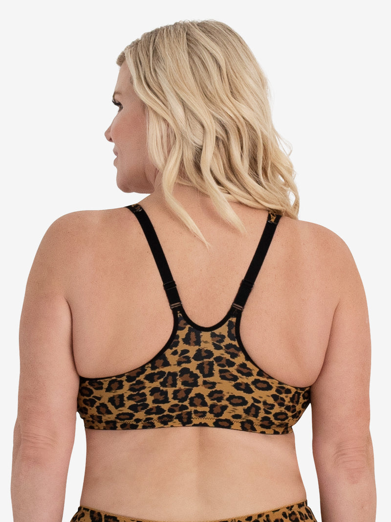 Front view of front-closure racerback t-shirt bra in core leopard