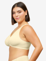 Side view of cotton front-closure wirefree comfort bra in ecru