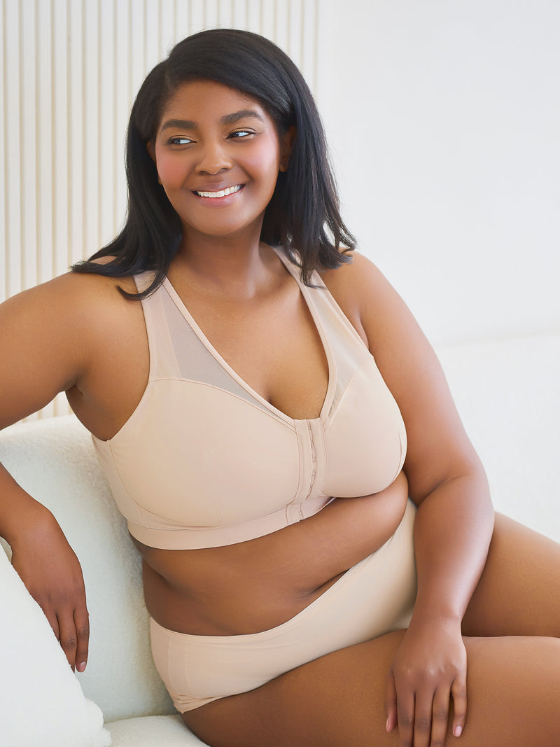 The Harper - Wireless Mesh Front-Closure Bra - Sand,34CDDD