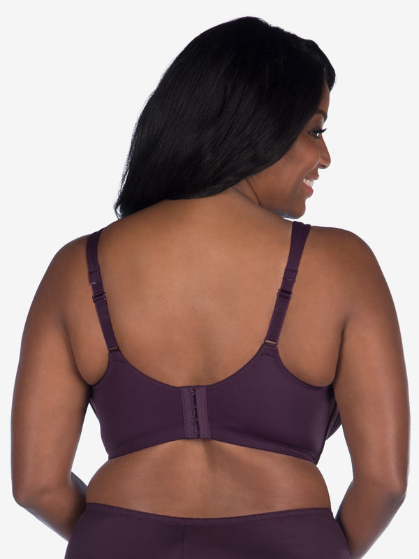 Back view of full coverage underwire padded bra in blackberry wine