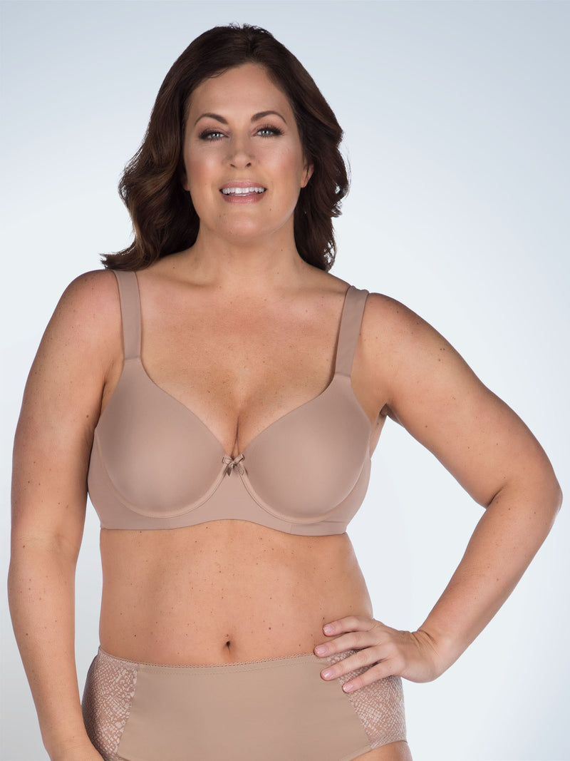 Front view of padded wirefree t-shirt bra in warm taupe