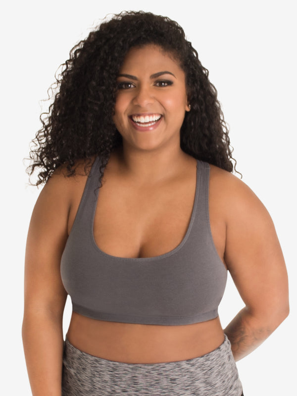 Front view of cotton wirefree sports bra in gray shadow