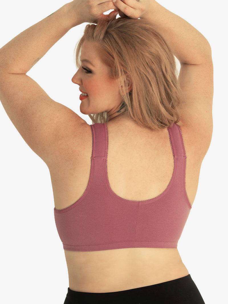 Back view of cotton front-closure wirefree comfort bra in wistful mauve
