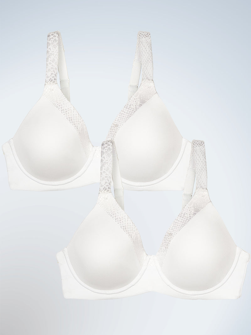 Front view of two pack underwire t-shirt full figure bra in white