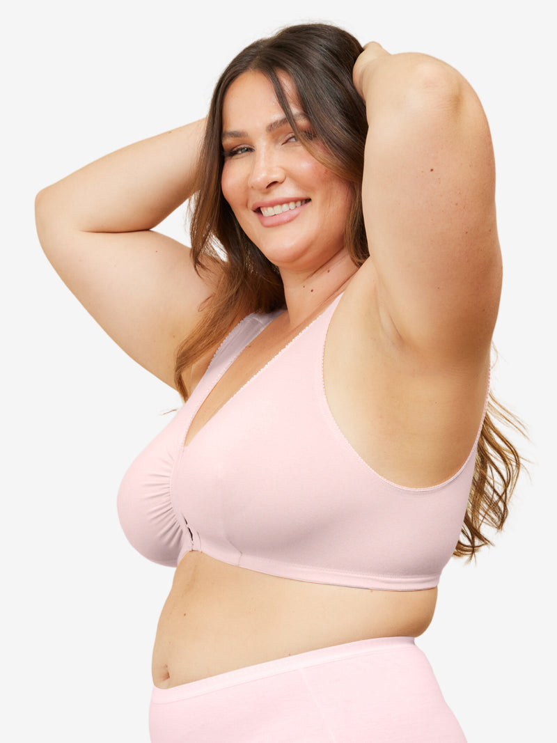 Front view of cotton front-closure wirefree comfort bra in pink