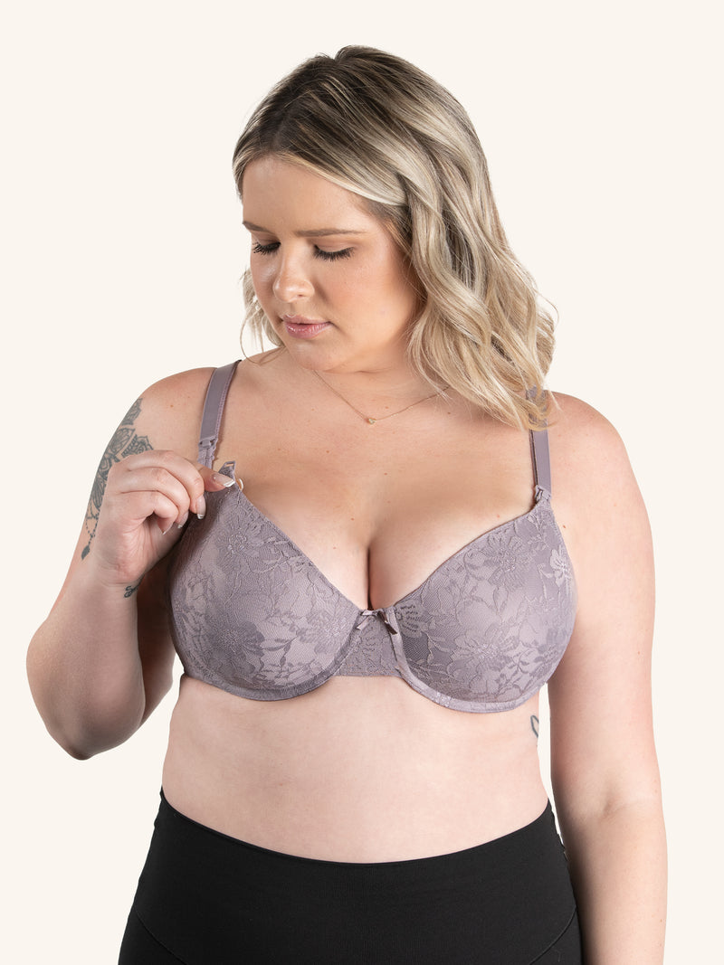 Front view of underwire lace nursing bra in baked blush toned quail