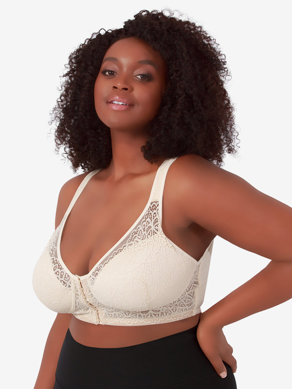 Front view of back smoothing front-closure lace bra in whisper nude